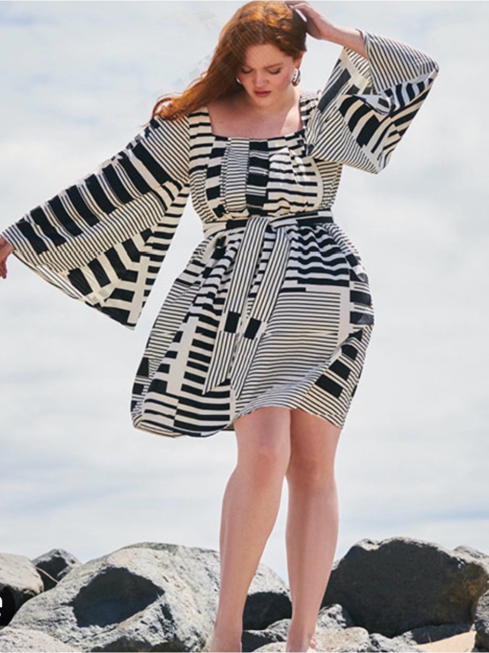 Eloquii Black and White Geometric Bell-Sleeve Mini Dress